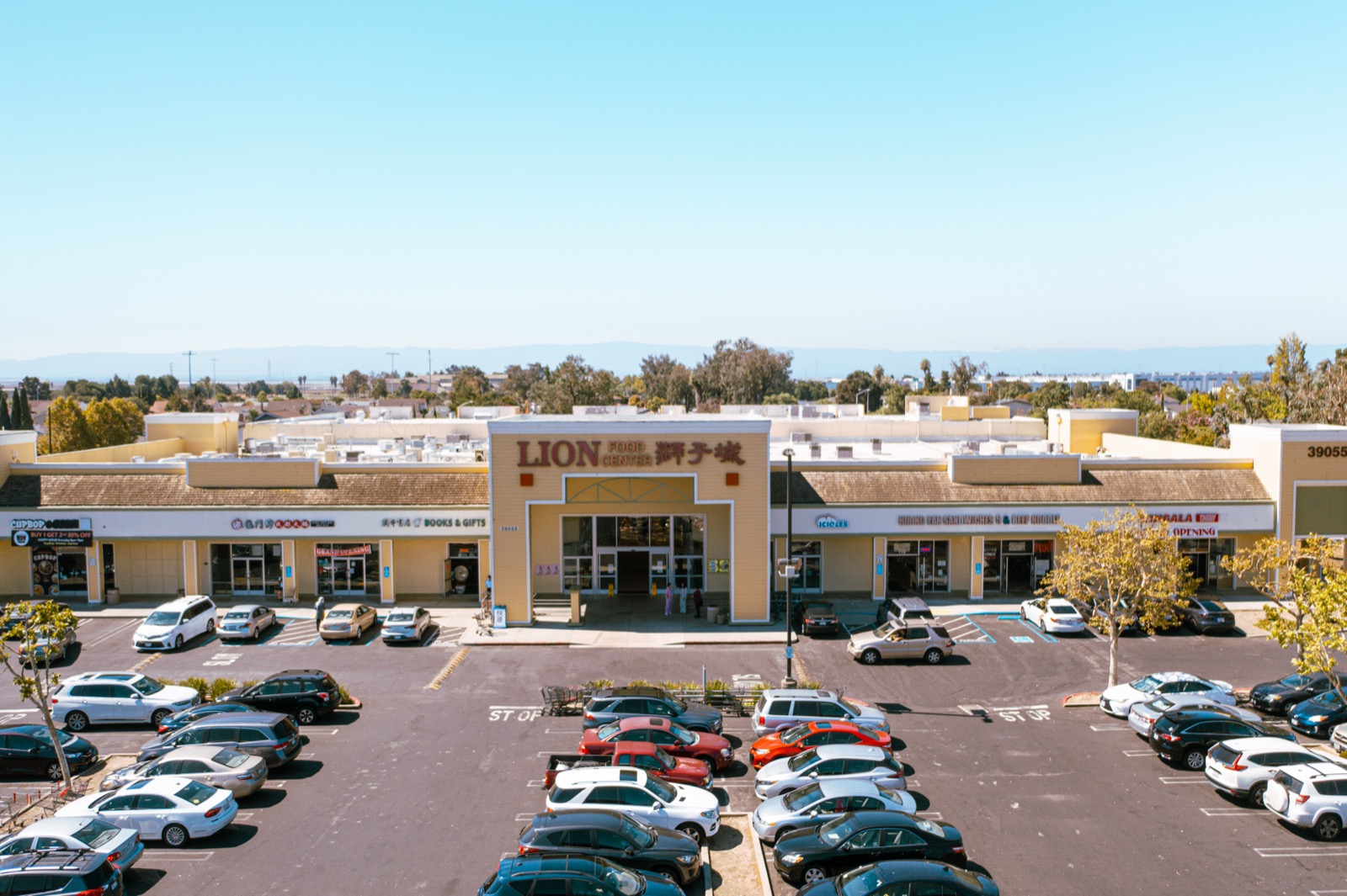 Aerial view of Lion Newark Shopping Center at 39055 Cedar Blvd, Newark CA
