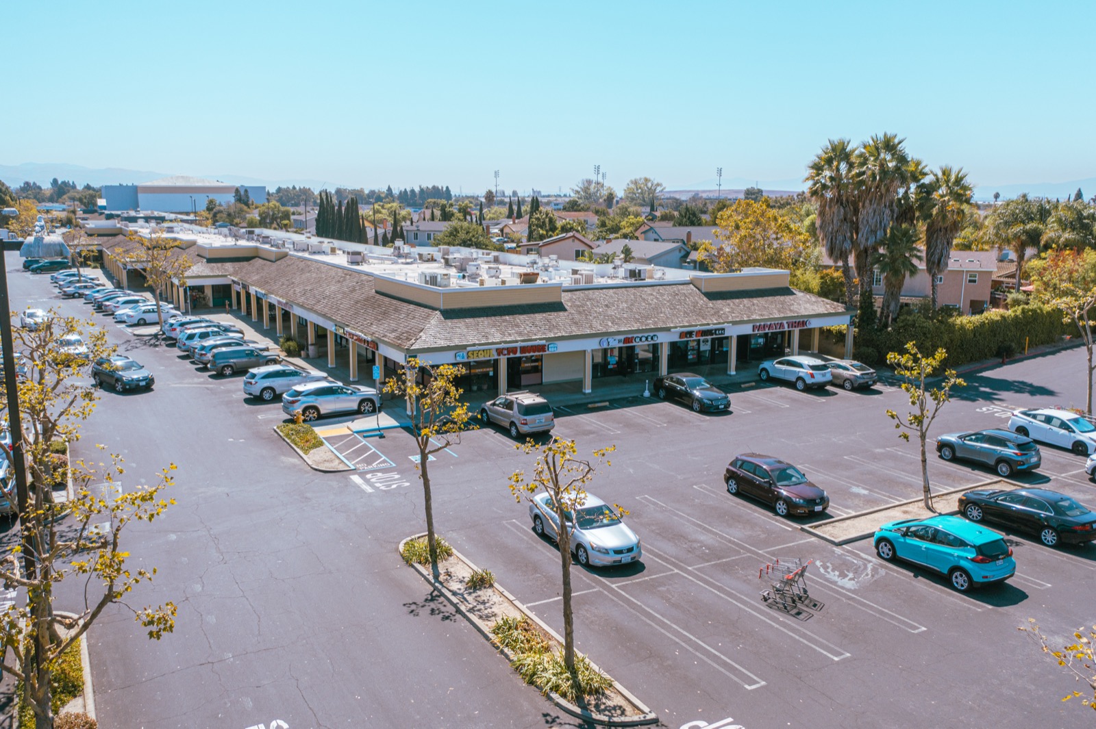 Bird's-eye view of Lion Newark Shopping Center parking and center layout